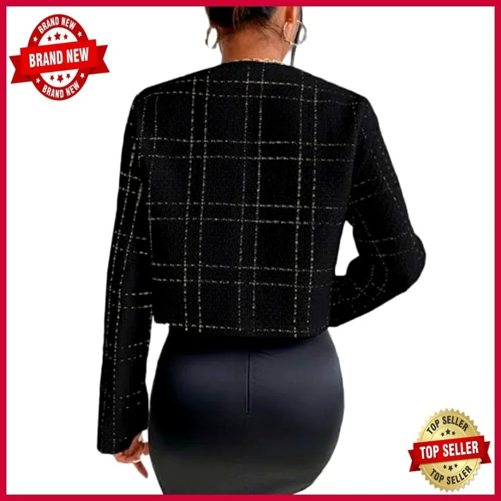 Tweed Cropped Blazer Collarless Plaid Open Front Loose Fit_4